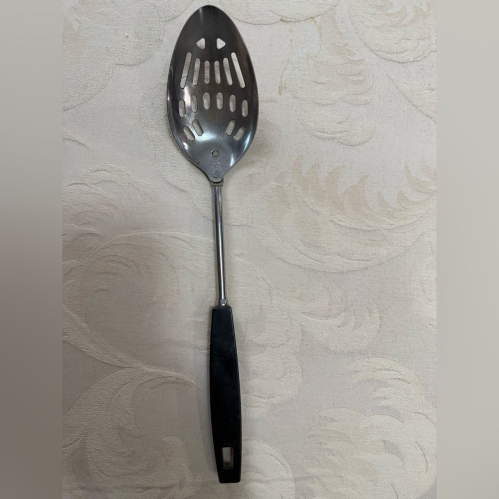 Vintage‎ EKCO Slotted Serving Spoon Black Handle Chromium Plated Mid Century